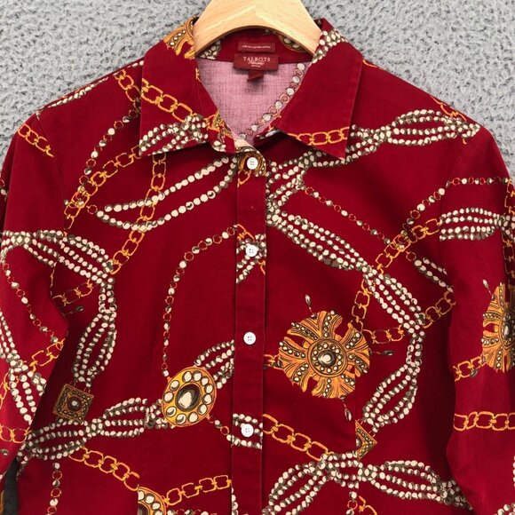 Talbots Shirt Womens 6 Petite Red Button Up Collar Jewelry Chains Haberdashery - Picture 2 of 9